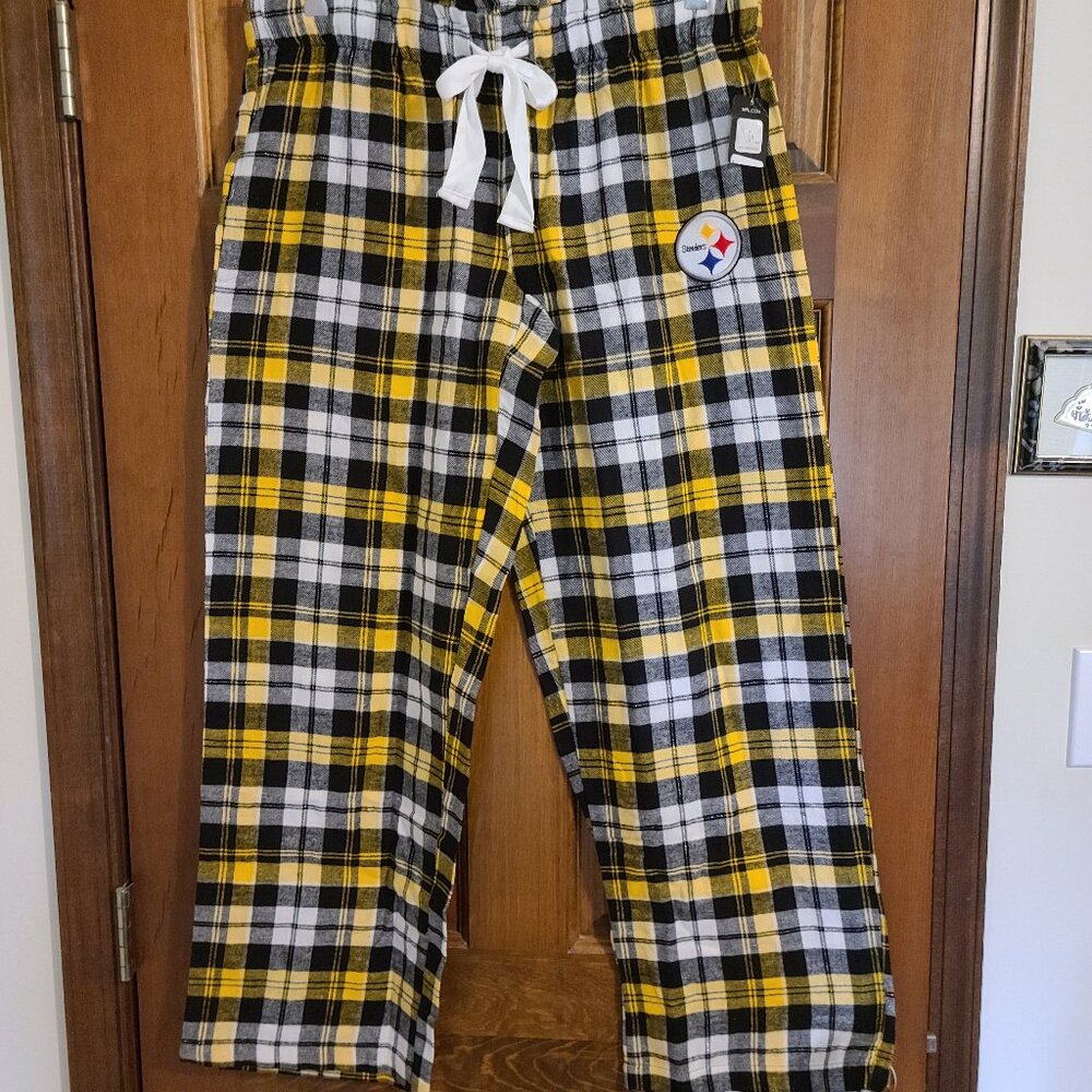OFFICIAL NFL STEELERS WOMEN'S COTTON SLEEP PANTS- BLACK/GOLD PLAID-SIZE L- NWT